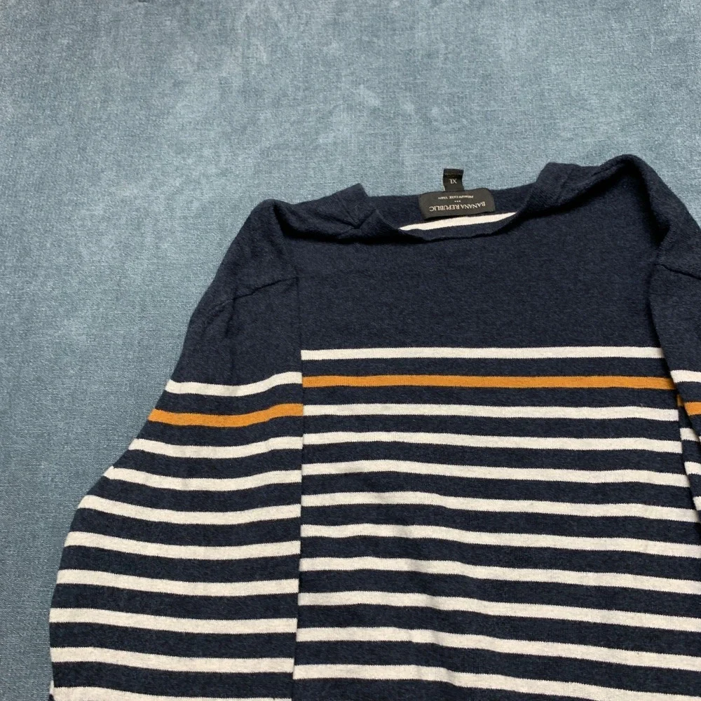 Banana Republic Premium Luxe Yarn Crew Sweater Mens XL Navy White Striped Casual